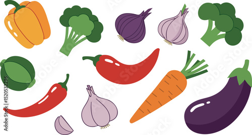 Fresh colorful vegetables including carrot eggplant garlic and chili pepper vector illustration 