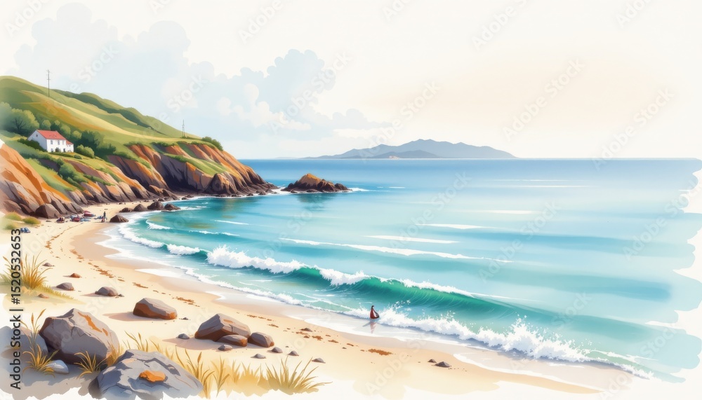 Obraz premium a serene beach scene. a solitary figure can be seen walking along the shoreline of a rocky beach. the sky above is clear with no clouds, suggesting a calm and sunny day