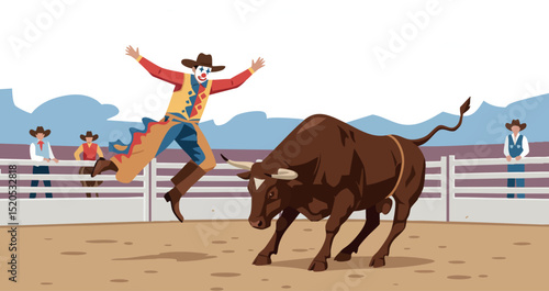 Bull rider jumping over aggressive bull in rodeo arena with spectators vector illustration 