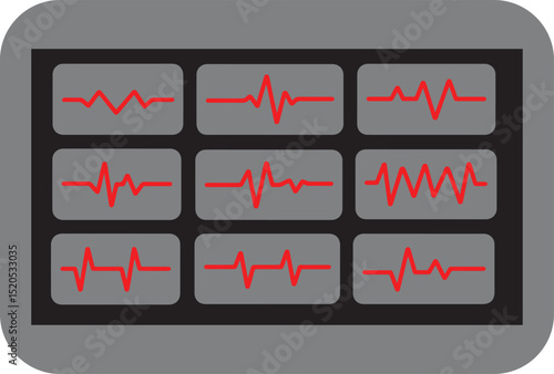 Medical Monitor Displaying Heart Rate Data with Multiple Screens and Red Waveforms on a Gray Background Representing Health Monitoring and Diagnostic Information