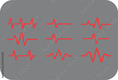 Nine Red Heartbeat Pulse Waveforms Displayed on a Gray Rounded Rectangle Background Representing Medical Monitoring Vital Signs and Health Assessment in a Modern Minimalist Style
