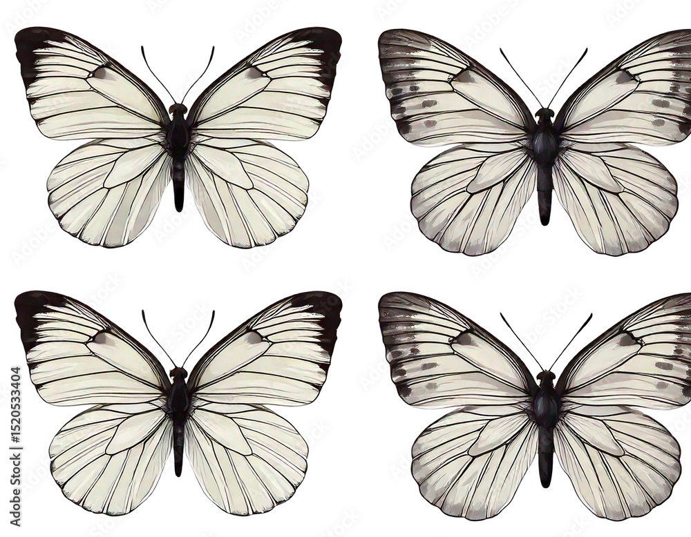 Fototapeta premium Set - four beautiful white butterflies Pieris napi with black spots and streaks in different.png