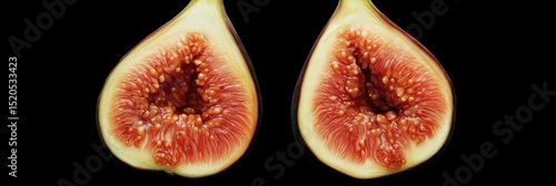 Halved Figs on Black Background: A Study in Red and Green Hues