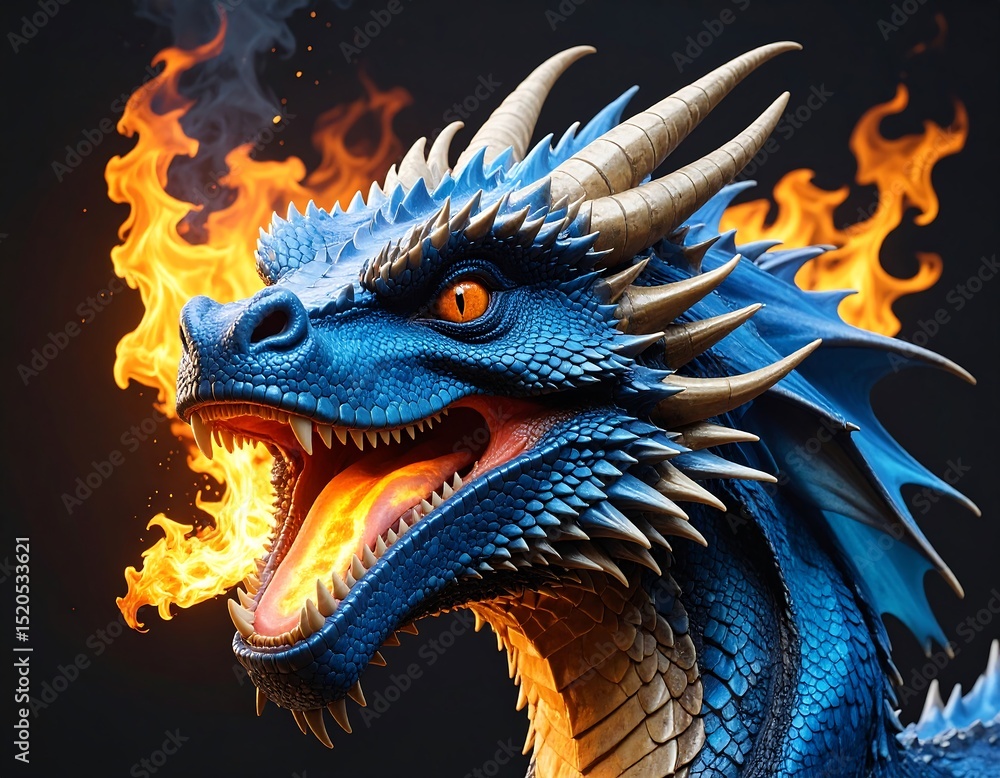 Fiery blue dragon head close-up Fiery blue dragon head close-up