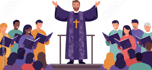 Christian priest leading choir congregation singing during church service vector illustration 