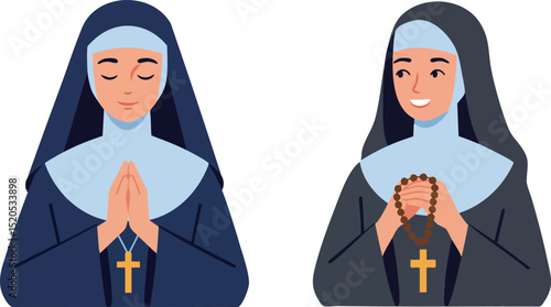 Two nuns praying with rosary beads wearing traditional religious habits vector illustration 