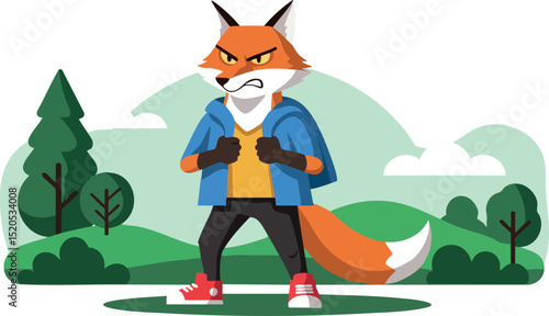 Fox Character Wearing Backpack and Jacket Standing in Forest Landscape Vector Illustration 