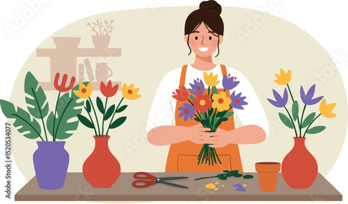 Florist arranging colorful flowers in workshop with vases and gardening tools vector illustration 