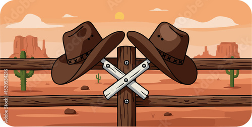 Cowboy hats and crossed pistols on wooden fence in desert sunset scene vector illustration 