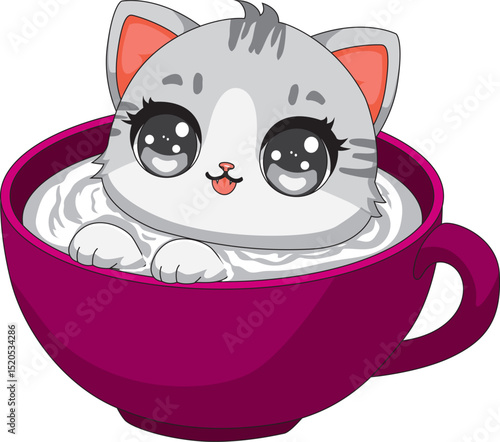 Cat Swim In Milk Mug Kitten Cartoon Vector
