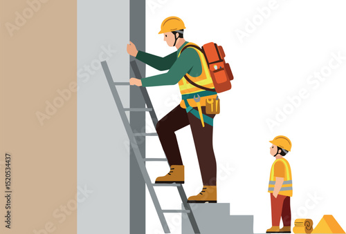 Construction worker climbing ladder with child in safety gear at building site vector illustration 