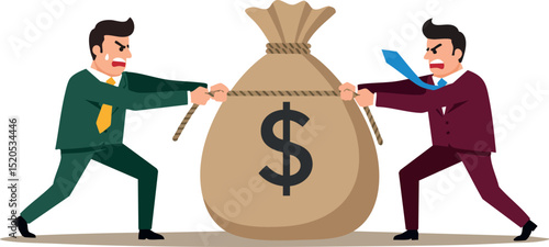 Businessmen tugging on large money bag symbolizing financial dispute and competition 
