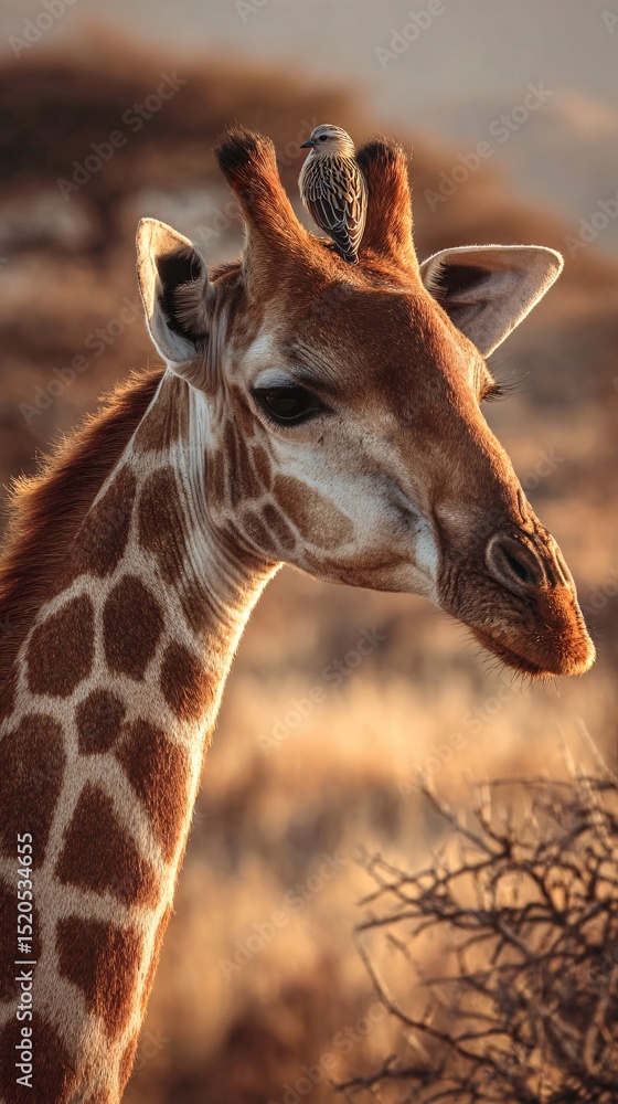 Obraz premium Close-Up of a Giraffe's Head and Neck with a Bird Perched on its Head, Against a Warm, Blurry Background
