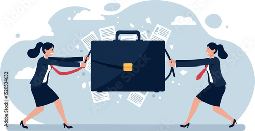 Businesswomen Pulling Large Briefcase in Tug of War Conflict Illustration 