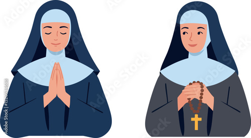 Two praying nuns in religious habits with cross necklace vector illustration 