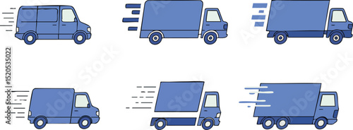 Delivery trucks moving fast in different styles and sizes vector illustration 