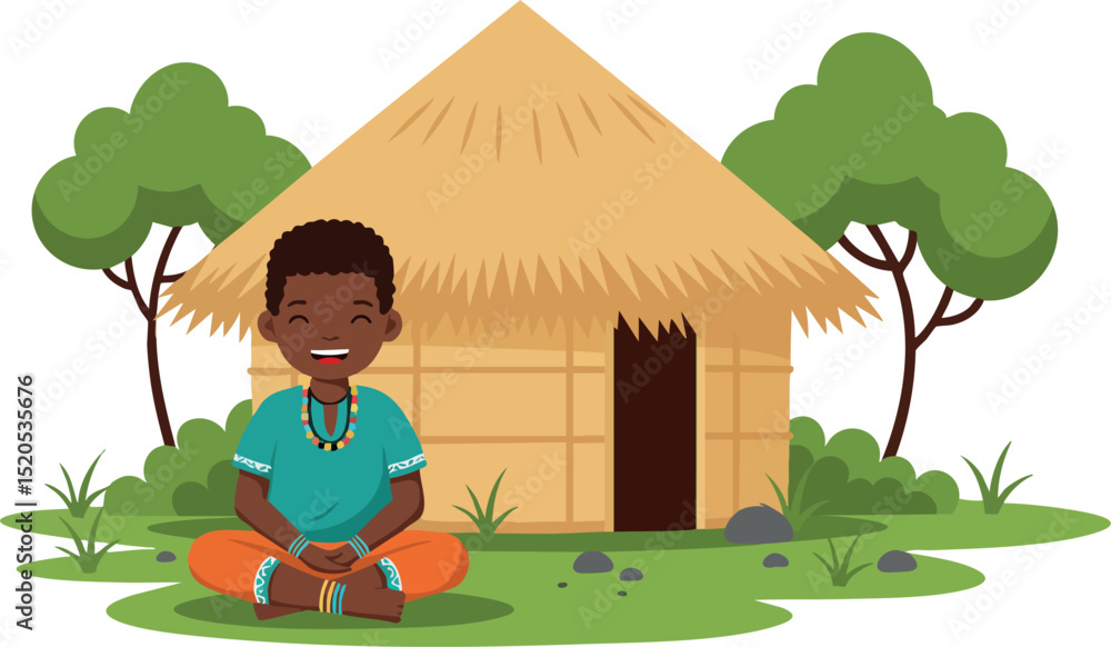 Fototapeta premium African Child Sitting Cross Legged Outside Traditional Hut with Trees and Grass Vector Illustration 