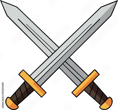 Crossed medieval swords with brown handles and golden guards vector illustration 