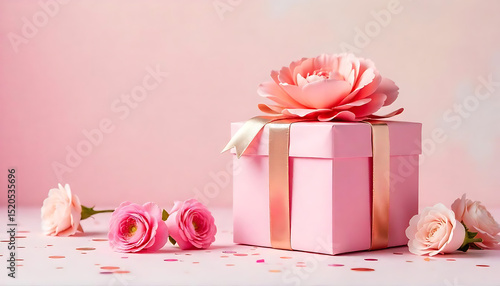 Pink and Gold Gift Box with Carnations and Confetti on Pastel Background
