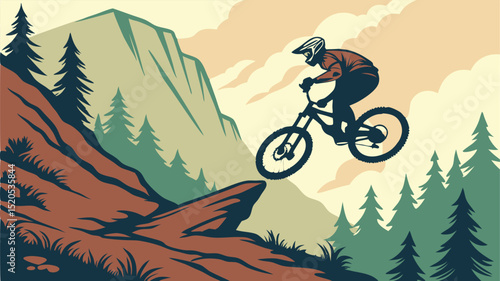 Mountain biking extreme sport downhill adventure scenic landscape vector illustration design art print