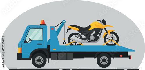 Tow truck carrying yellow motorcycle on flatbed vector illustration in urban setting 