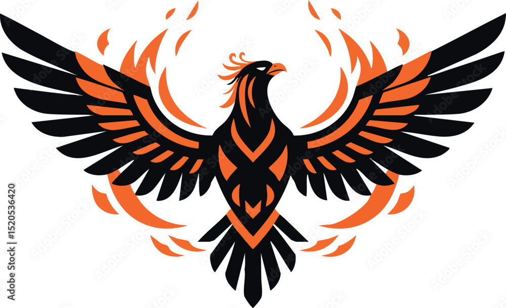 Obraz premium Phoenix bird rising with black and orange flames vector illustration wings spread wide 