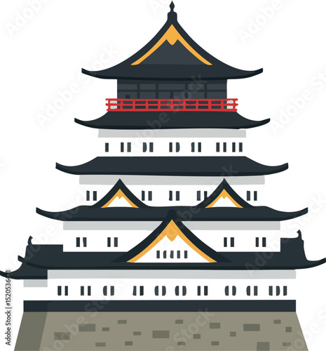 Traditional Japanese Castle with Multi-Tiered Roof and Stone Base Vector Illustration 
