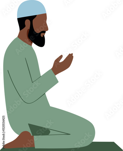Muslim Man Praying in Green Clothing and White Cap Illustration Vector 