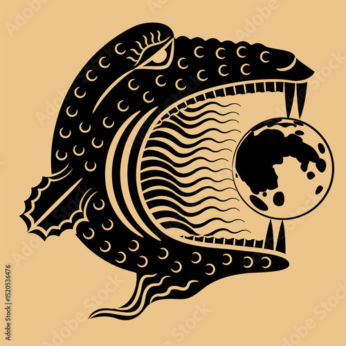 Head of fantastic monster swallowing the full moon. Metaphor for lunar eclipse. Monochrome silhouette.