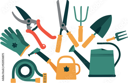 Garden tools set with pruners gloves watering can and hose vector illustration 