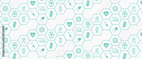 Hexagon Pattern Medical AI Technology Background. Healthcare, Science, and Digital Innovation Concept for Modern Medicine.