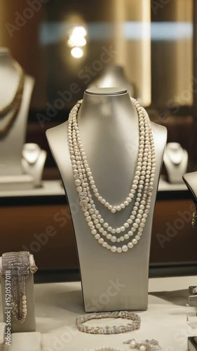 Elegant pearl necklaces displayed on mannequins with bracelets and rings in a jewelry store window