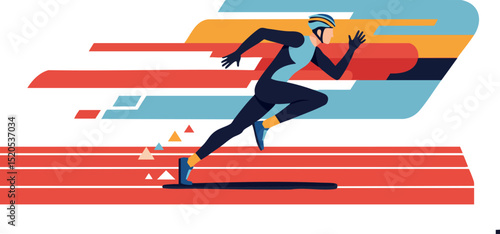 Athlete sprinting fast on running track with dynamic speed lines vector illustration 