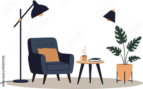 Modern living room interior with armchair floor lamp plant and side table vector illustration 