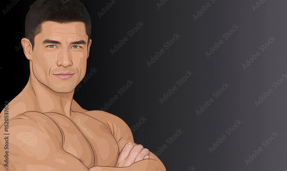 Obraz premium Line Art Portrait of Muscular Man with Crossed Arms Against Dark Gray Background
