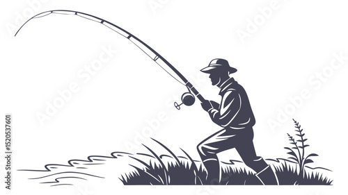 Fishing illustration of man catching fish with fishing rod outdoor sport and recreation activity design
