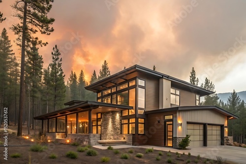Modern suburban home with fireproof roof and eco-friendly materials. Sustainable construction resists wildfires, ensuring safety, security, and investment protection near forest landscape in nature.