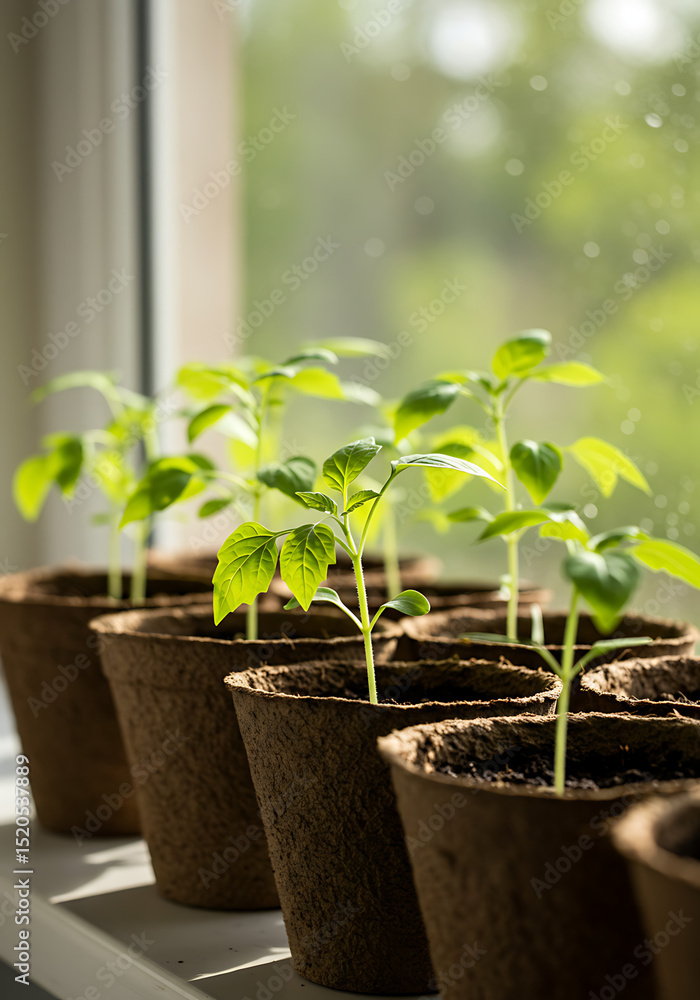 Life's Growth: Tender seedlings thrive in pots, illuminated by sunlight on a windowsill, symbolizing potential and the beauty of nature's growth. Life's Growth: Tender seedlings thrive in pots, illuminated by sunlight on a windowsill, symbolizing potential and the beauty of nature's growth.