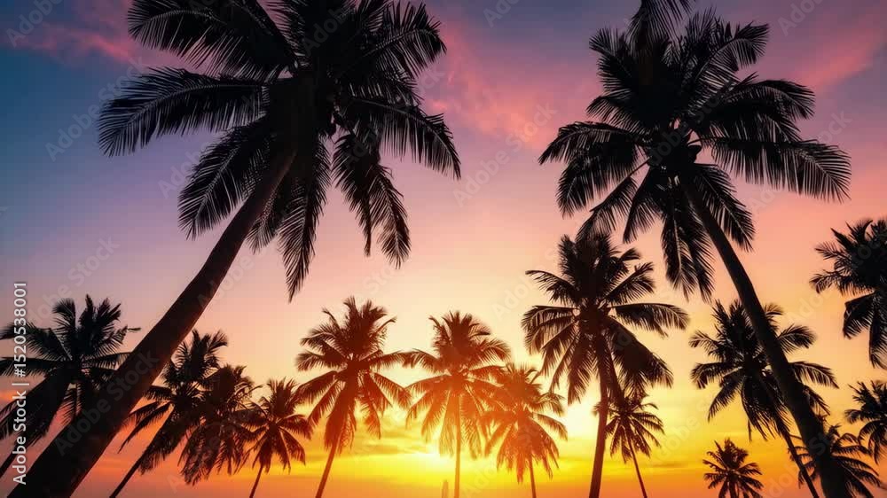 Palm trees silhouette against colorful sunset sky. Tropical nature landscape with setting sun and dark palm tree foliage. Palm trees silhouette against colorful sunset sky. Tropical nature landscape with setting sun and dark palm tree foliage.
