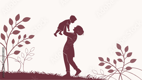 Silhouette of mother and child playing in nature illustration for mother's day card design idea