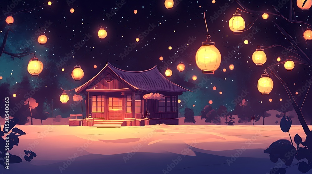Fototapeta premium Winter night scene with a small house and lanterns.