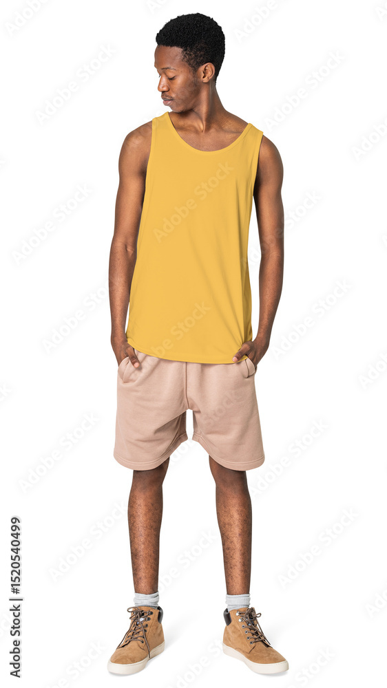 Man png mockup in yellow tank top summer apparel full body Man png mockup in yellow tank top summer apparel full body