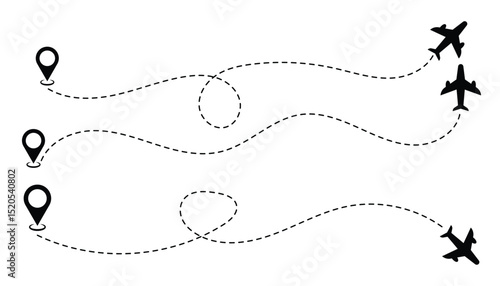 Airplane Flight Routes with Dotted Path and Location Pins – Vector Travel Map Set.