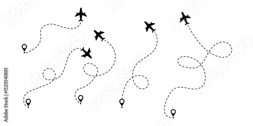 Airplane Flight Routes with Dotted Path and Location Pins – Vector Travel Map Set.