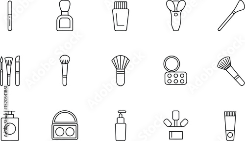 Line art illustration of various beauty and cosmetic products arranged on a white background surface