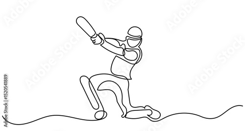 Continuous line drawing of a cricket player batting. Single line Cricket batsman players action sport graphic vector. A cricket batsman isolated of a white background.