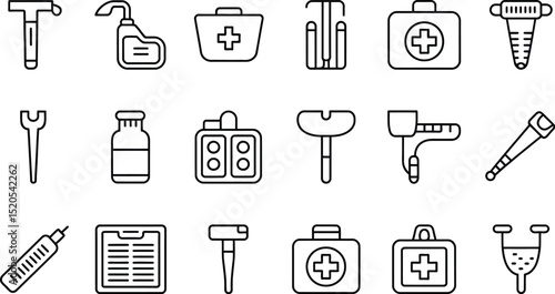 A collection of medical and healthcare related icons in a simple outline style on a white background