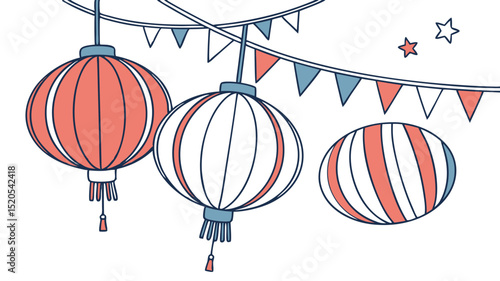 Celebration party decoration with hanging lanterns and pennant banner vector illustration design graphic