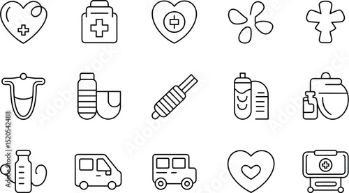 A collection of outline medical icons including hearts, vehicles, and medicine on a white background
