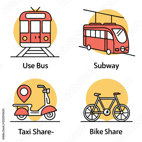 Illustrated public transportation options subway bus scooter bicycle share concept vector